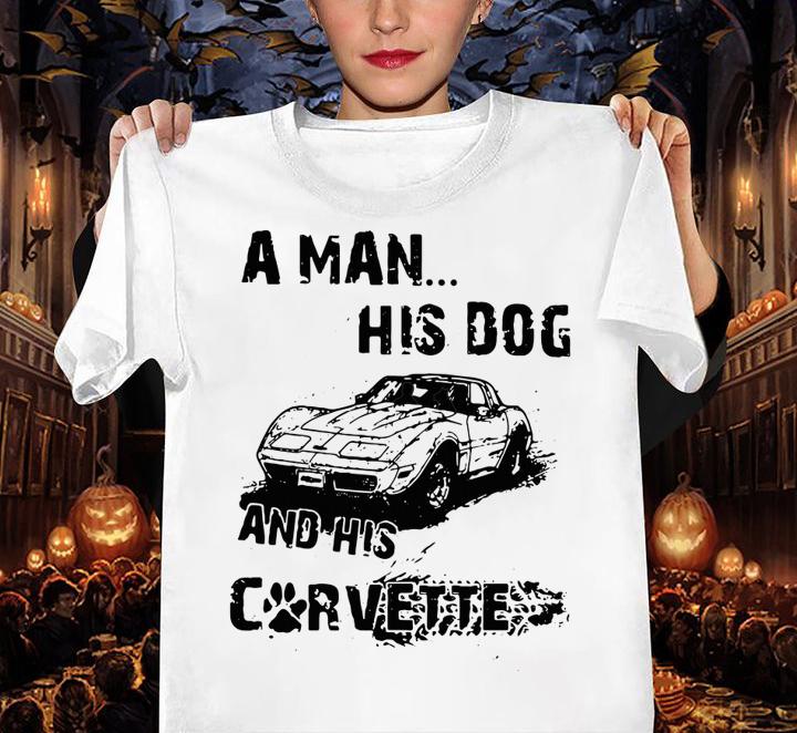 A Man His Dog And His Corvette Car Footprint t-shirt woman shirt