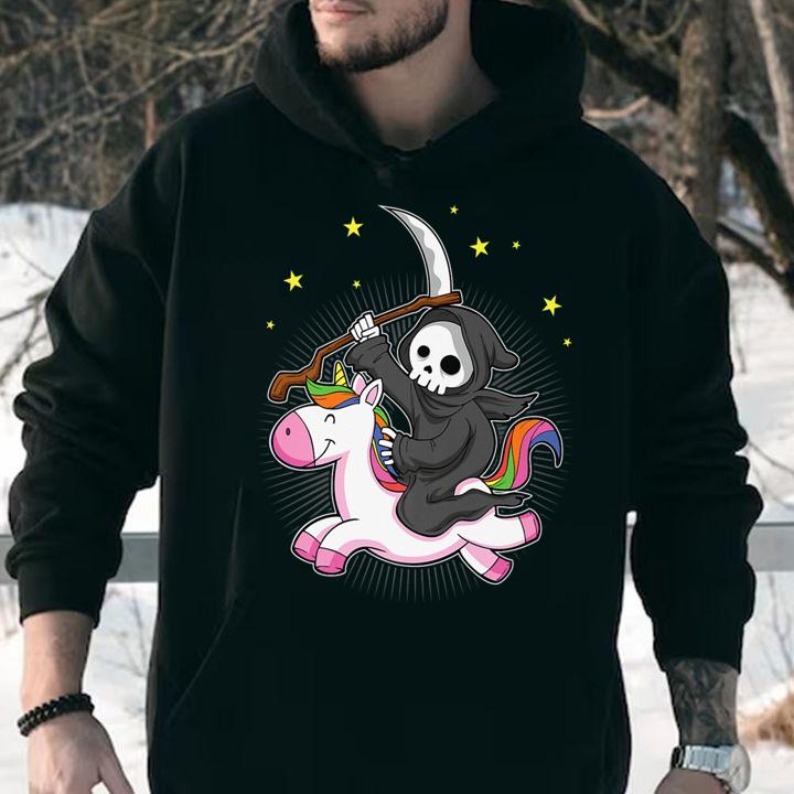 Hot Grim Reaper Riding A Unicorn Funny Halloween t-shirt hoodie