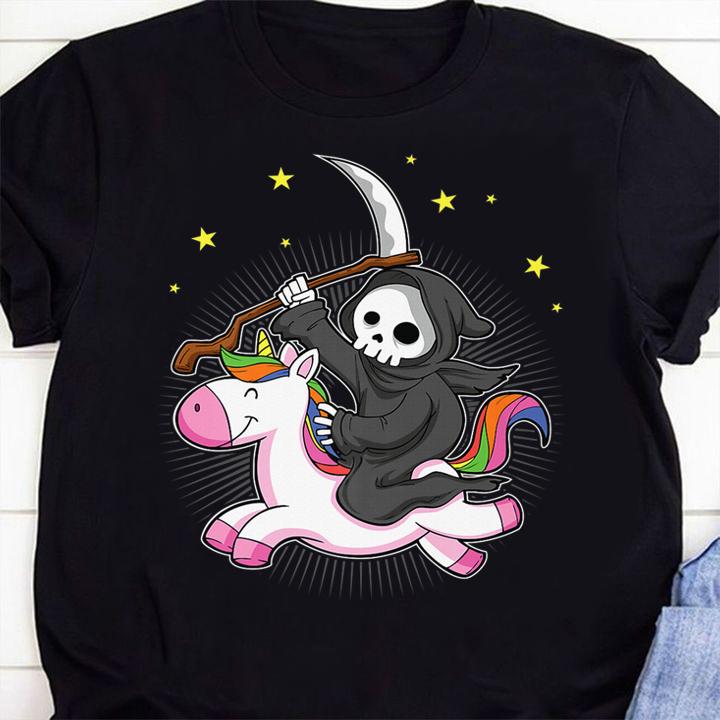 Hot Grim Reaper Riding A Unicorn Funny Halloween t-shirt shirt