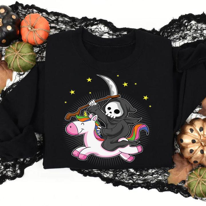 Hot Grim Reaper Riding A Unicorn Funny Halloween t-shirt sweatshirt
