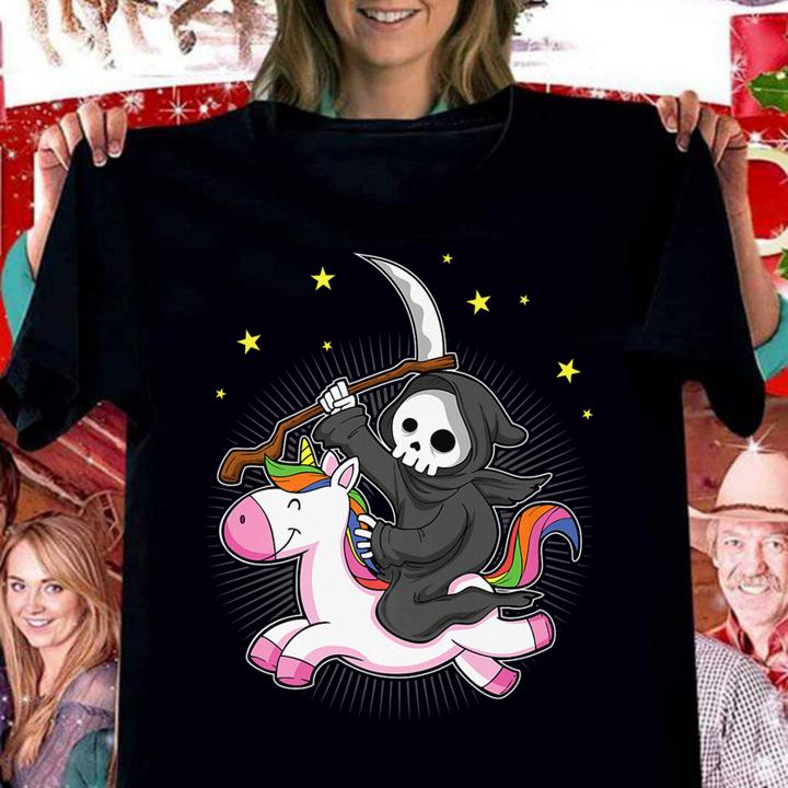 Hot Grim Reaper Riding A Unicorn Funny Halloween t-shirt woman shirt
