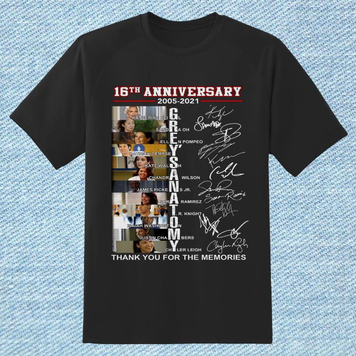 16th Anniversary 2005-2021 Grey's Anatomy Signatures Thank You For The Memories Shirt