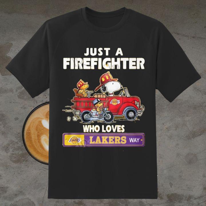Premium Snoopy Woodstock Just A Firefighter Who Loves Los Angeles Lakers Way Shirt